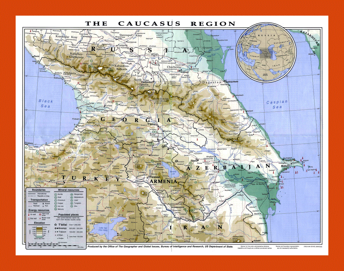 Political and physical map of Caucasus Region