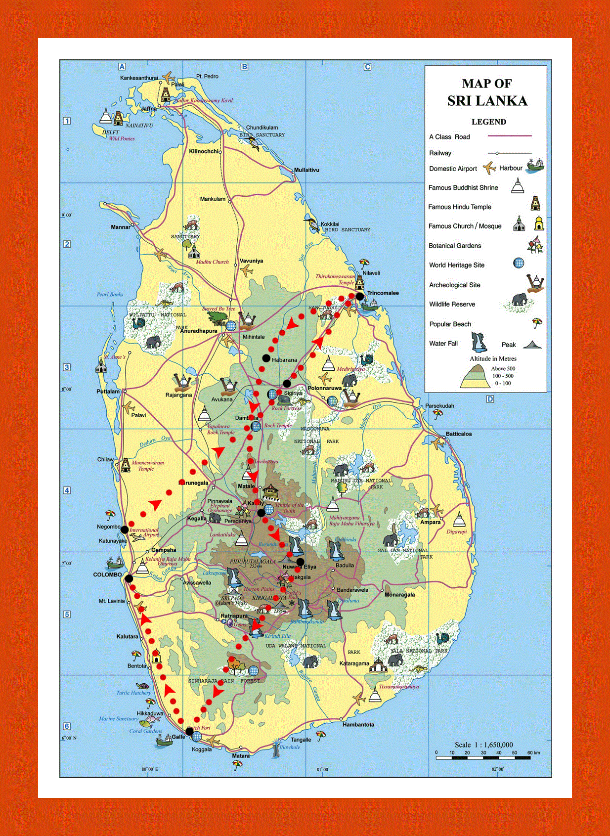 Elevation and travel map of Sri Lanka