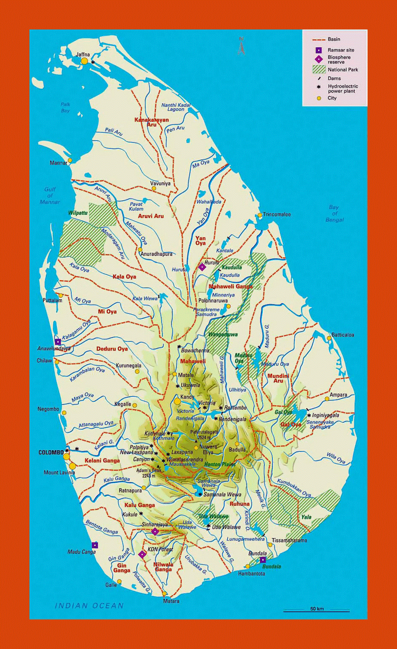 Elevation and travel map of Sri Lanka