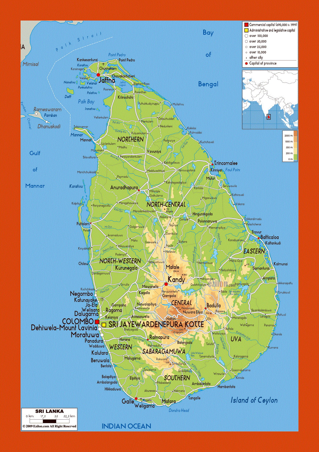 Physical map of Sri Lanka