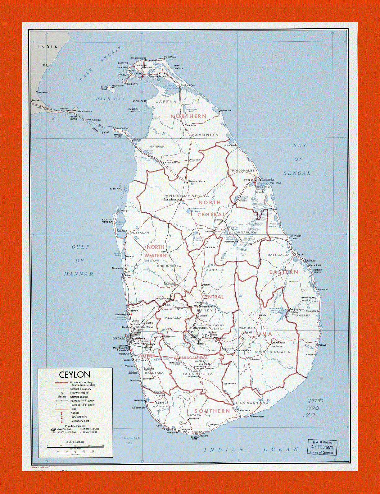 Political and administrative map of Sri Lanka, Ceylon - 1970
