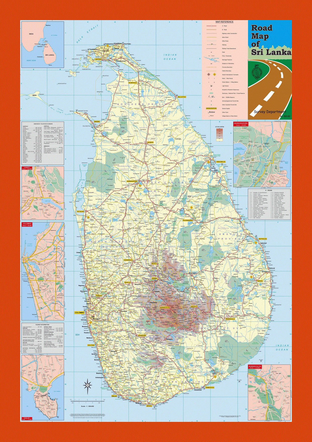 Road and elevation map of Sri Lanka