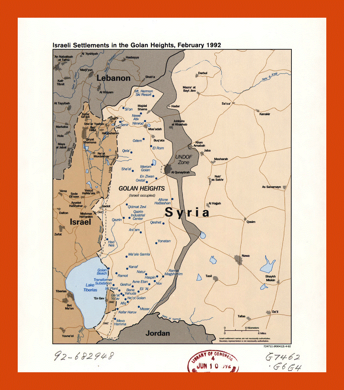 Map of the Israeli Settlements in the Golan Heights - 1992
