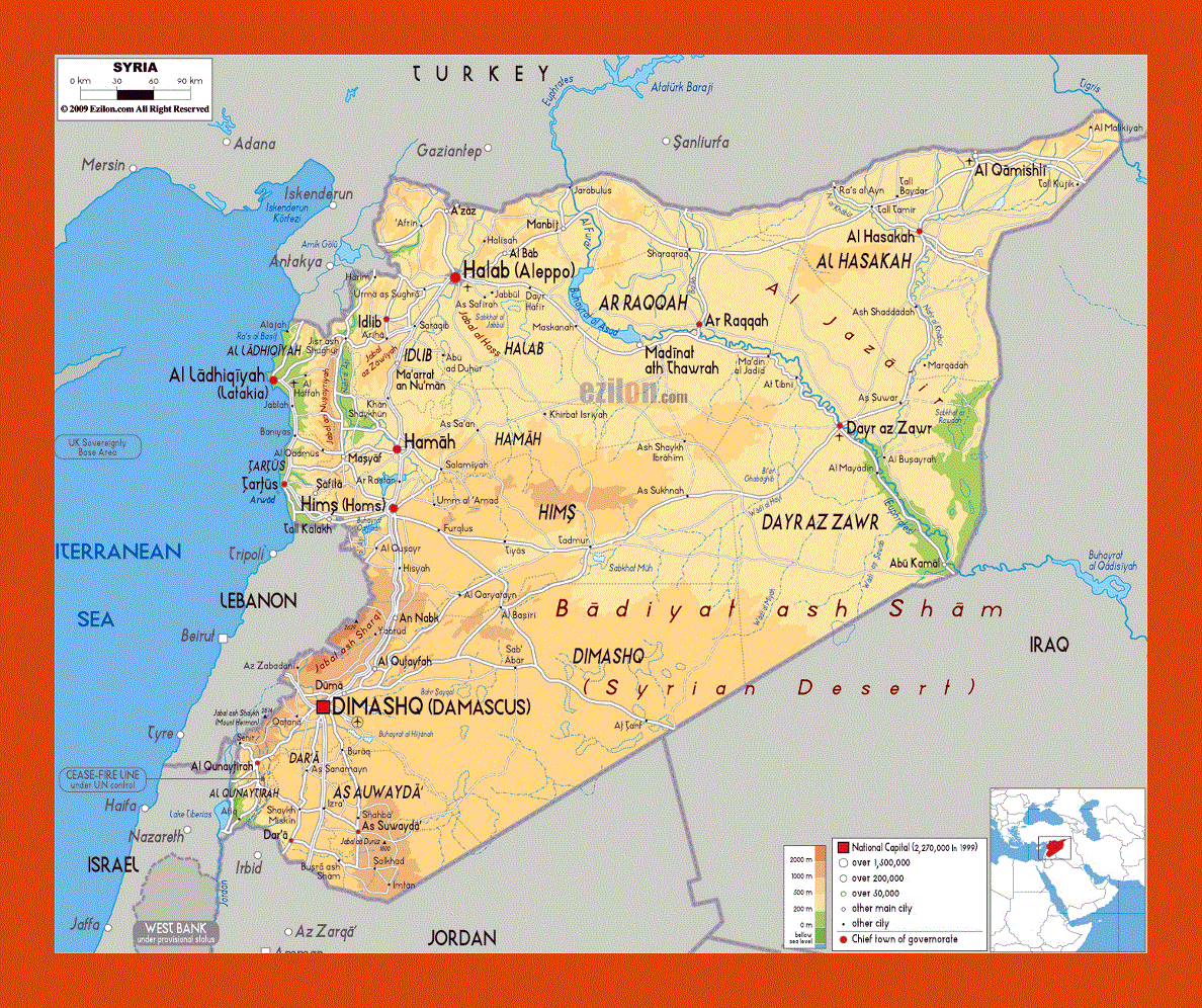 Physical map of Syria