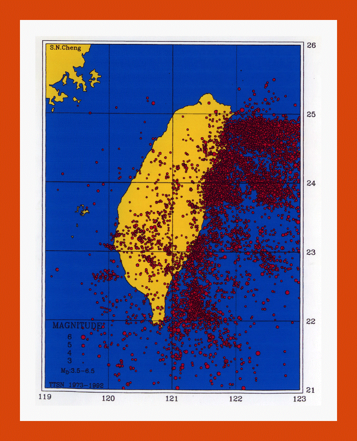 Map of earthquakes in Taiwan - 1992