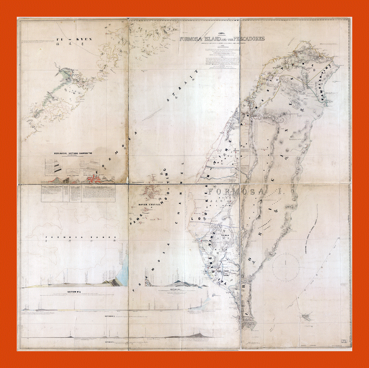 Old map of Formosa island (Taiwan) and the pescadores - 1870