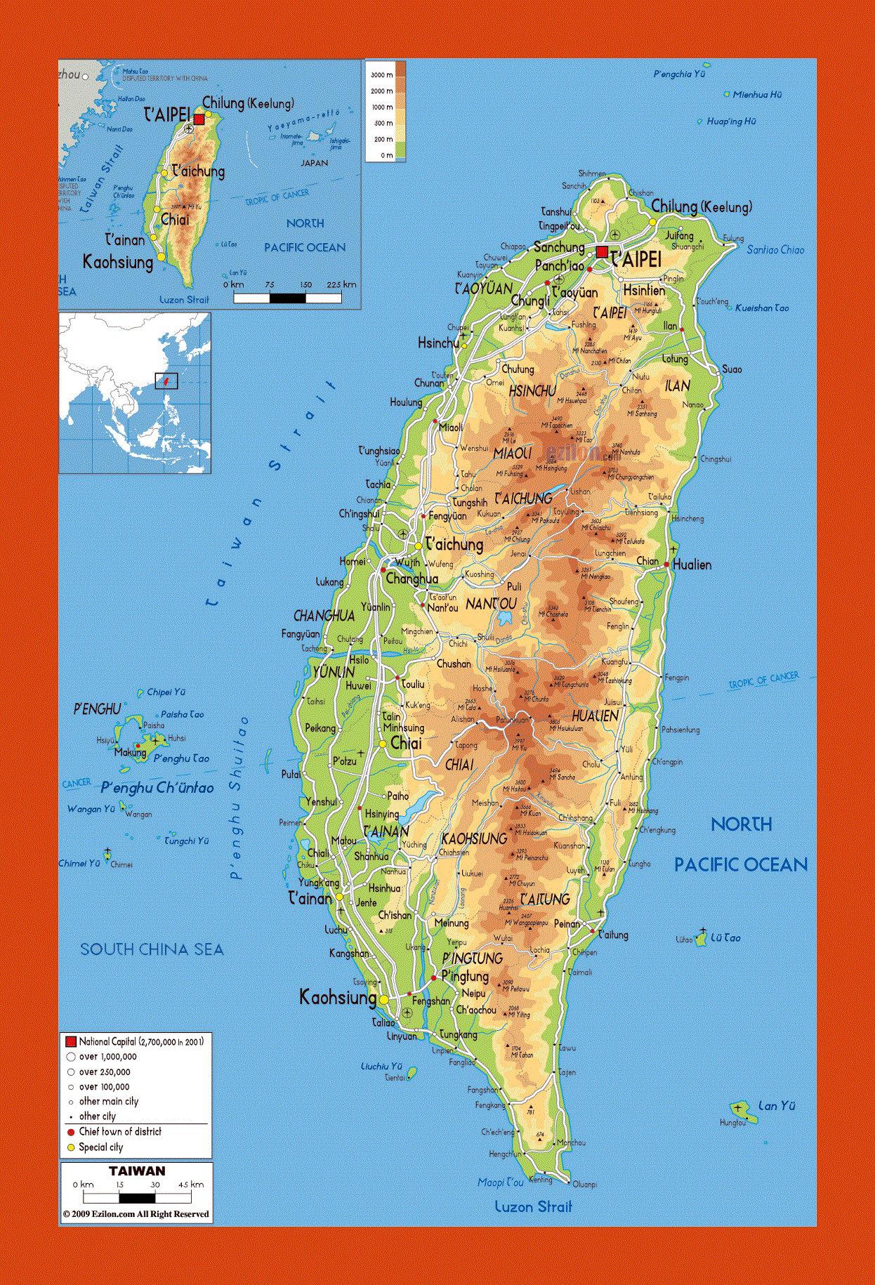 Physical map of Taiwan