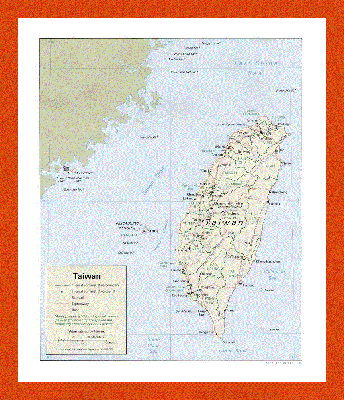 Political and administrative map of Taiwan - 1992