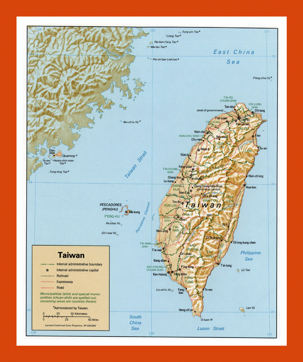 Political and administrative map of Taiwan - 1992