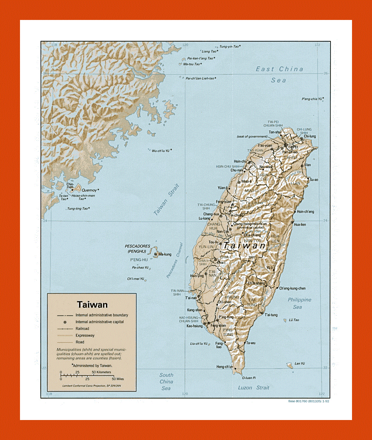 Political and administrative map of Taiwan - 1992