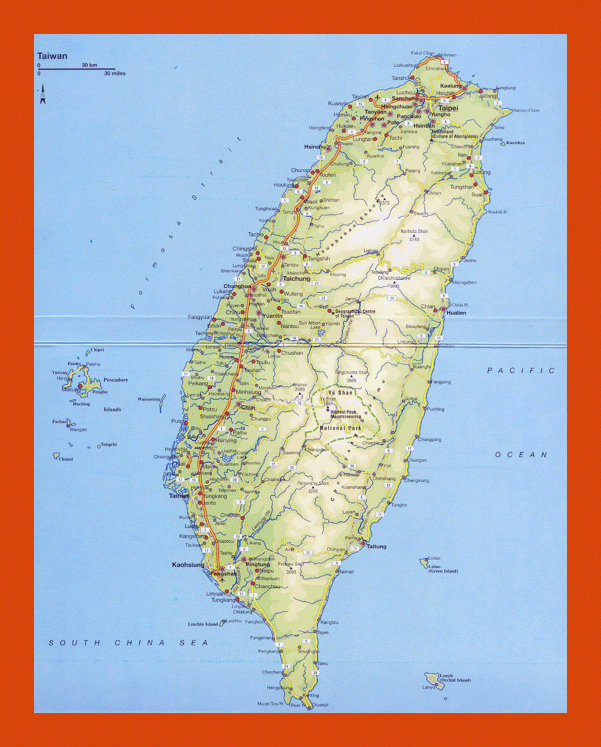 Road and elevation map of Taiwan