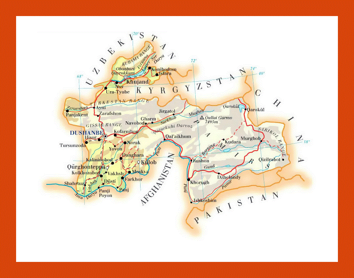 Elevation map of Tajikistan