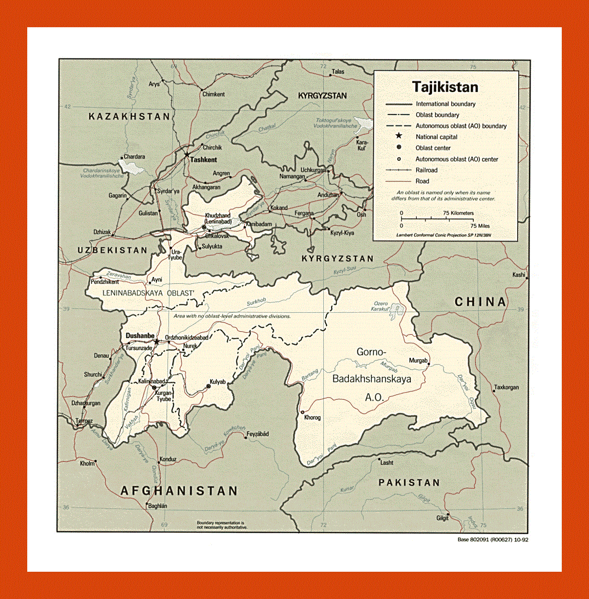 Political and administrative map of Tajikistan - 1992