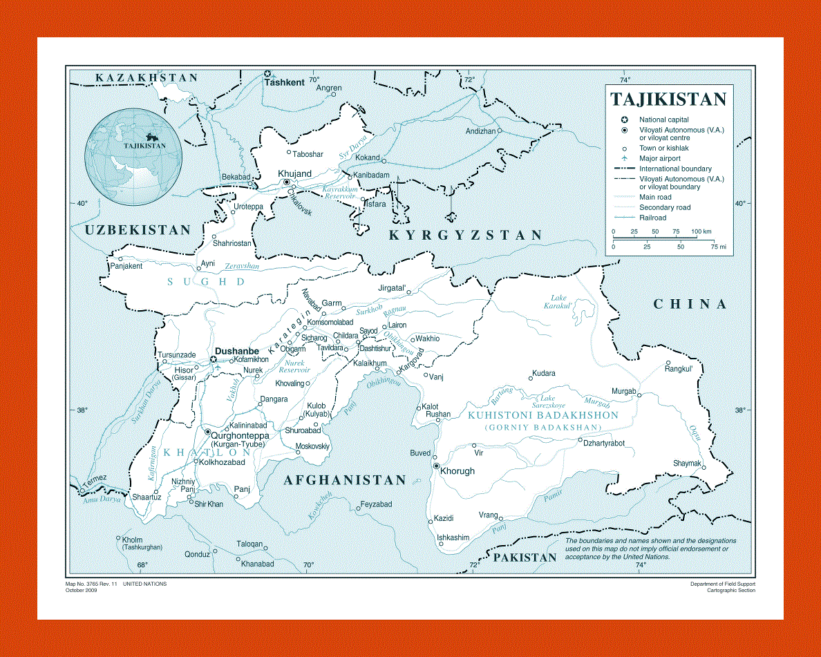 Political and administrative map of Tajikistan