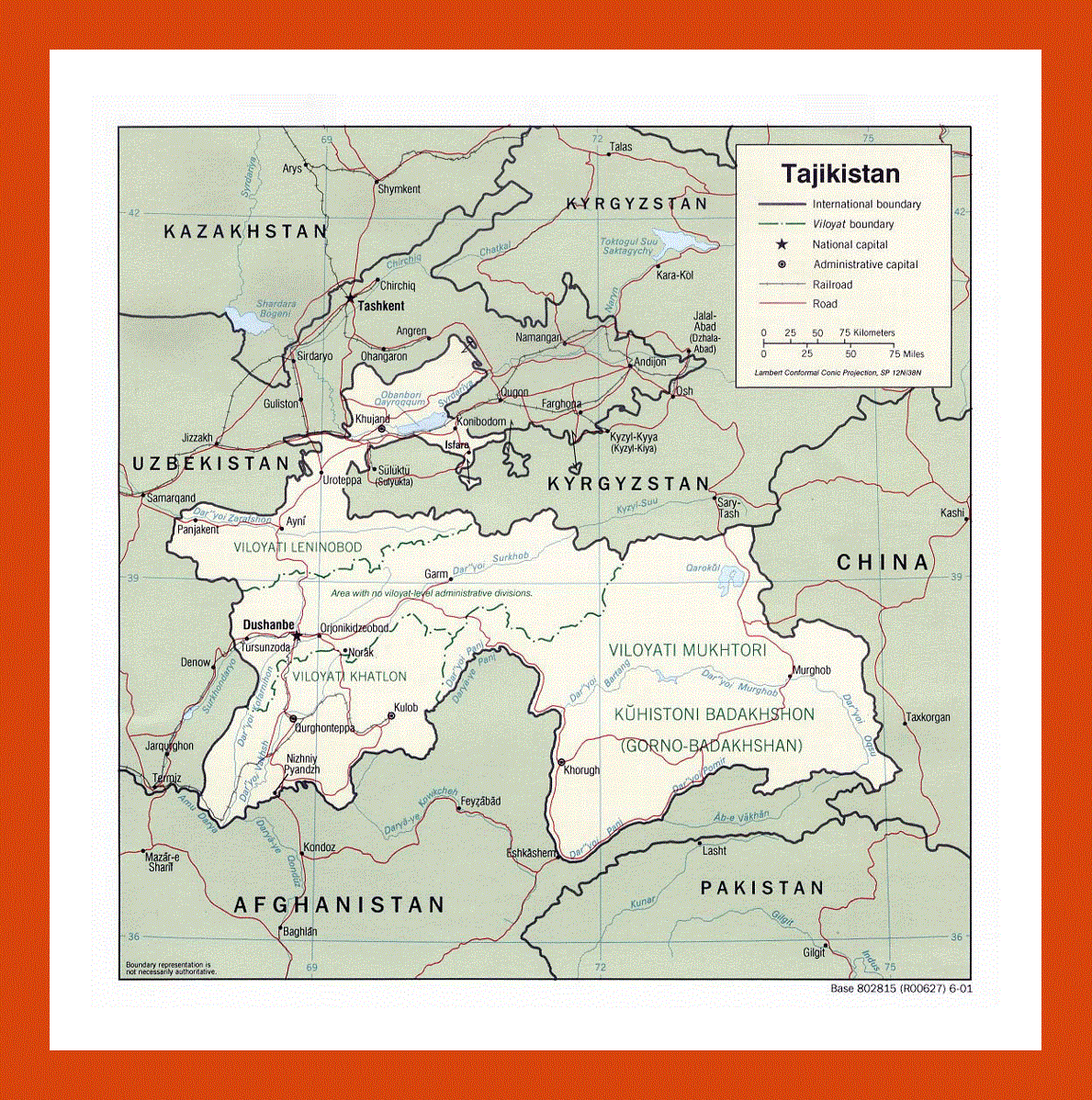 Political and administrative map of Tajikistan - 2001