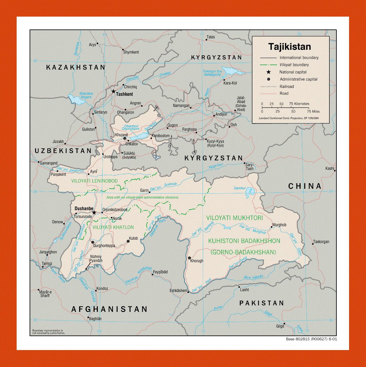 Political and administrative map of Tajikistan - 2001