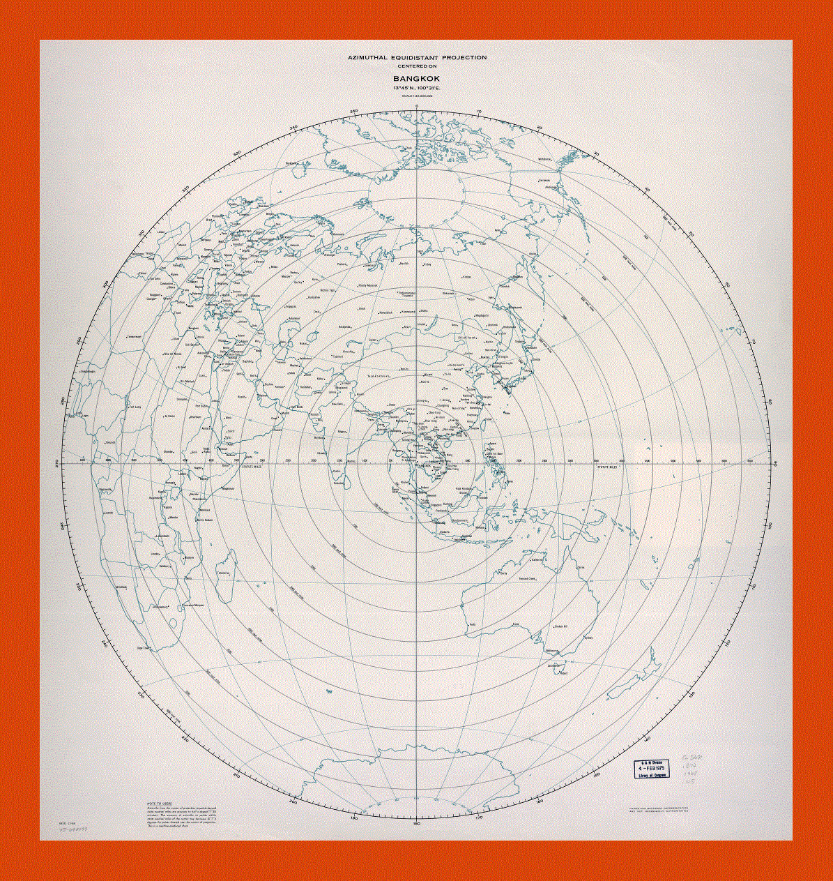 Azimuthal equidistant projection map centered on Bangkok - 1968