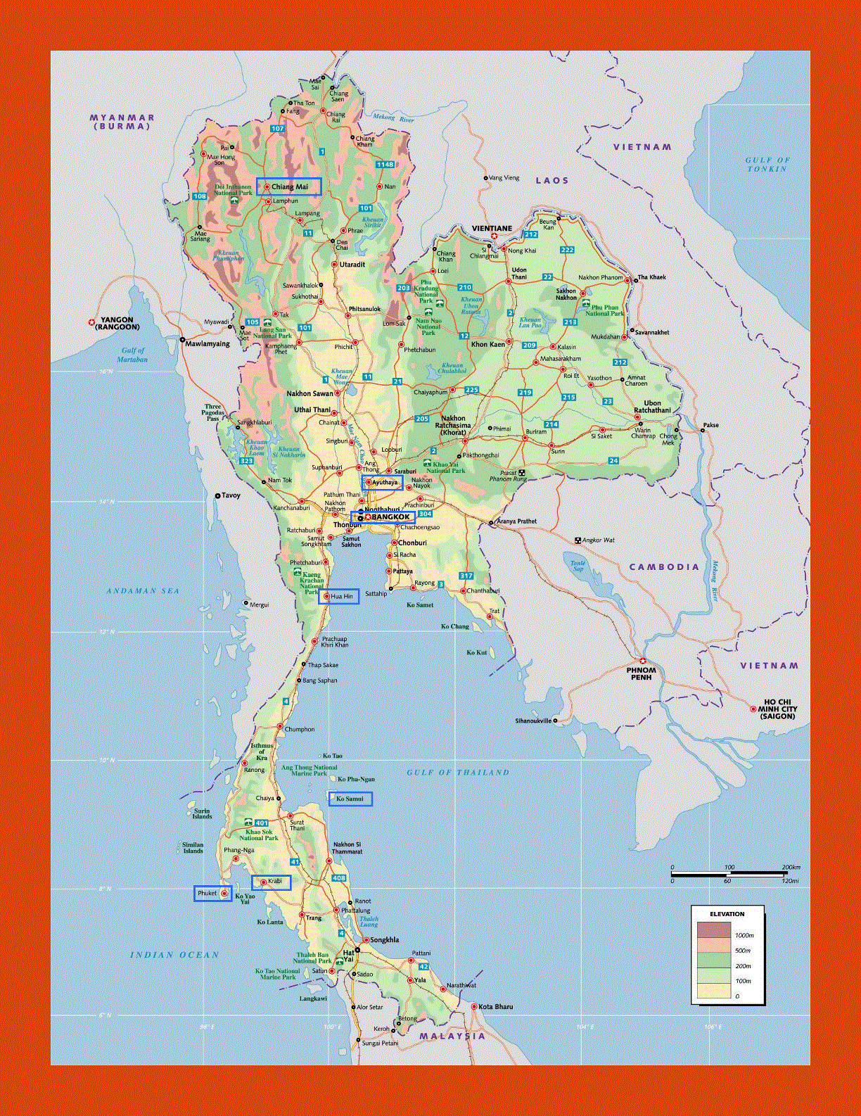 Elevation map of Thailand