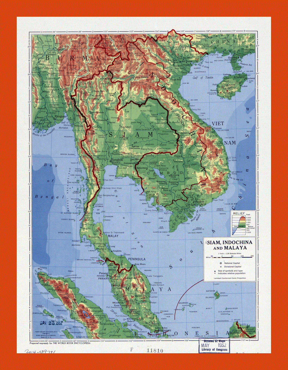 Physical map of Siam, Indochina and Malaya - 1952
