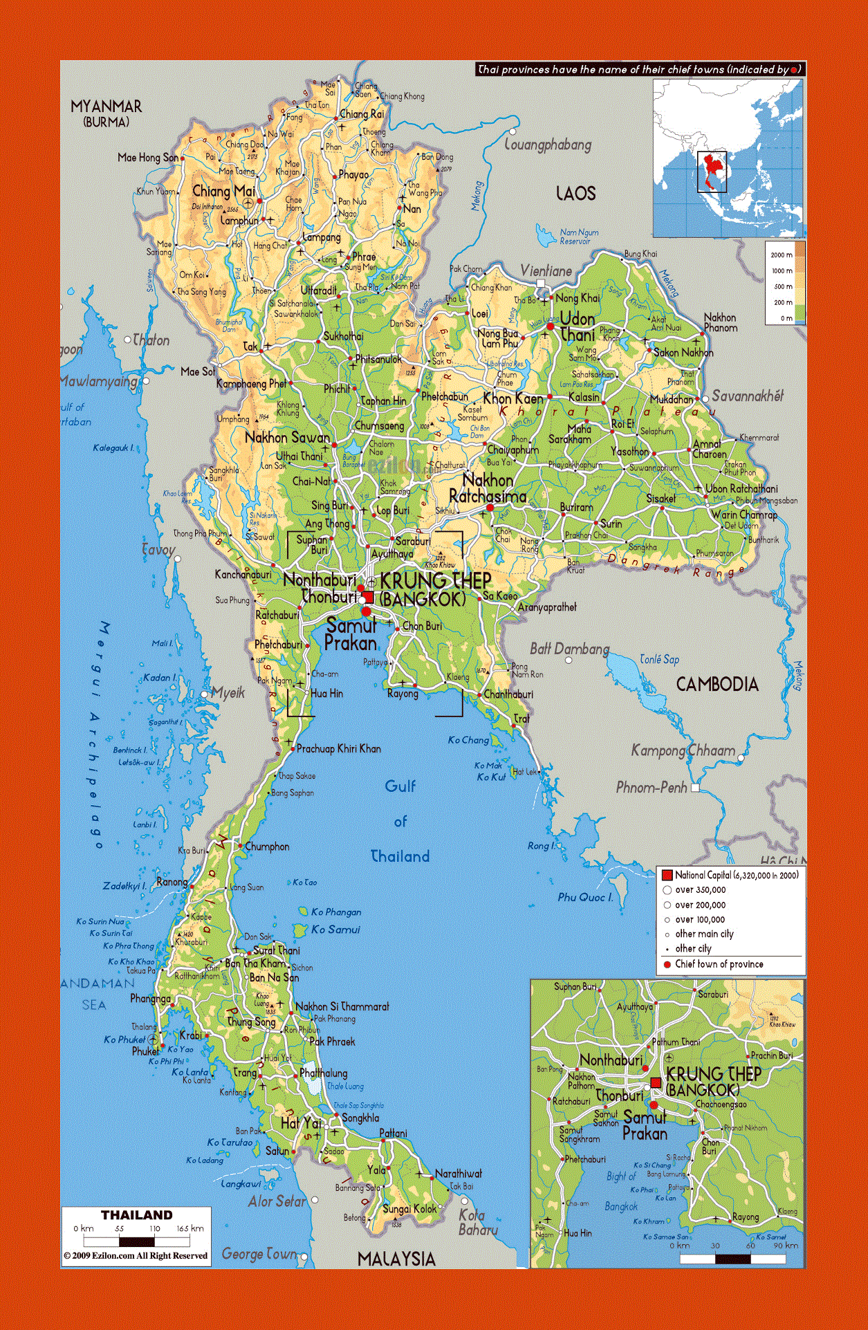 Physical map of Thailand