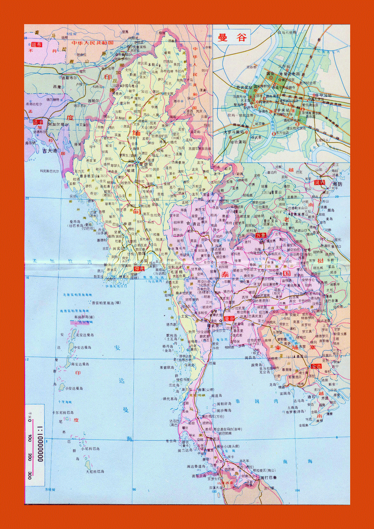 Political and road map of Burma and Thailand in chinese