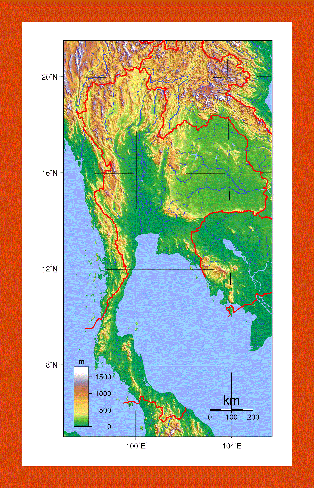 Topographical map of Thailand