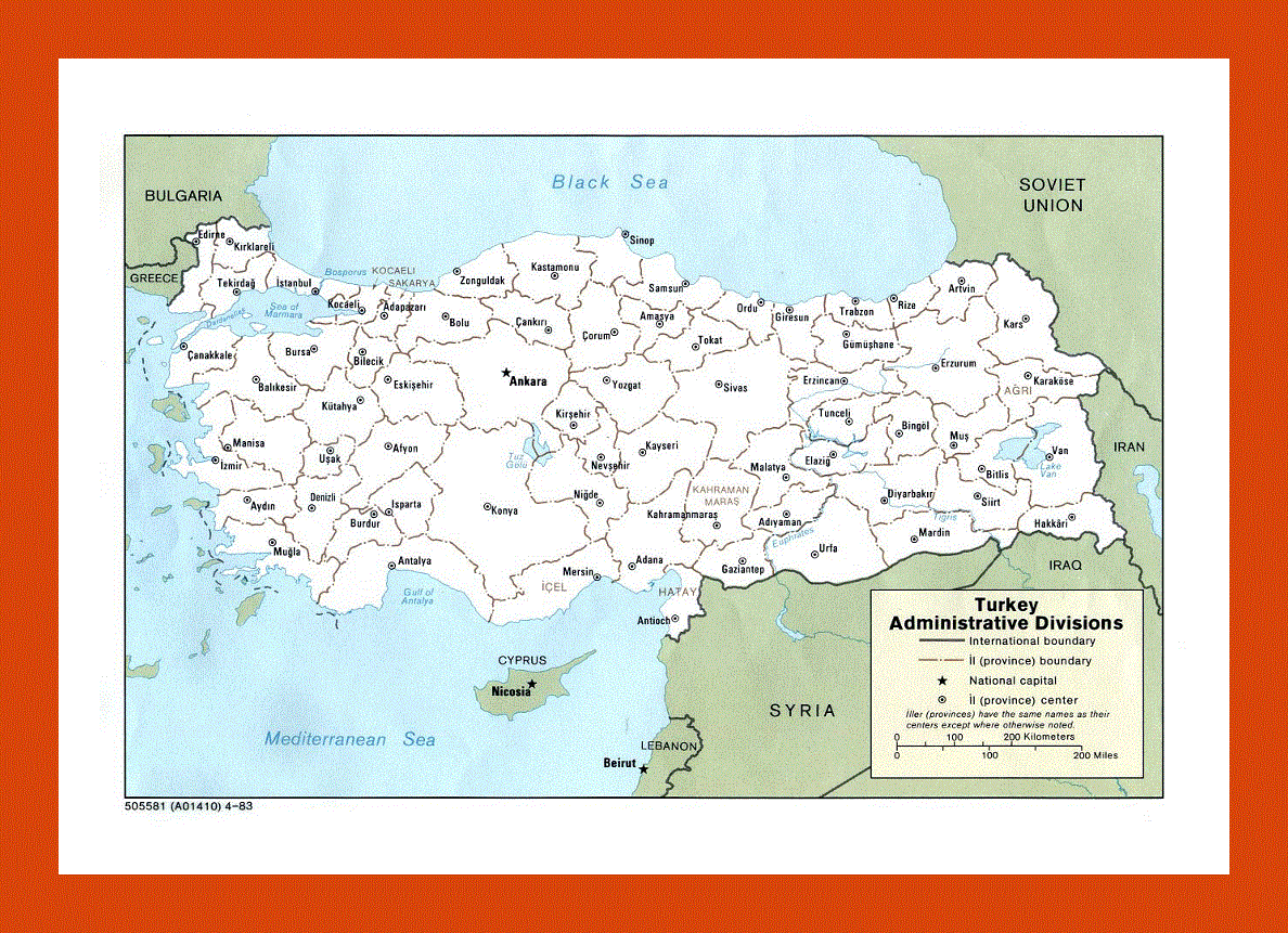 Administrative divisions map of Turkey - 1983
