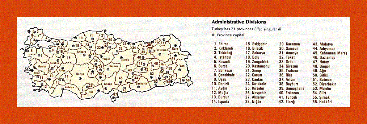 Administrative divisions map of Turkey