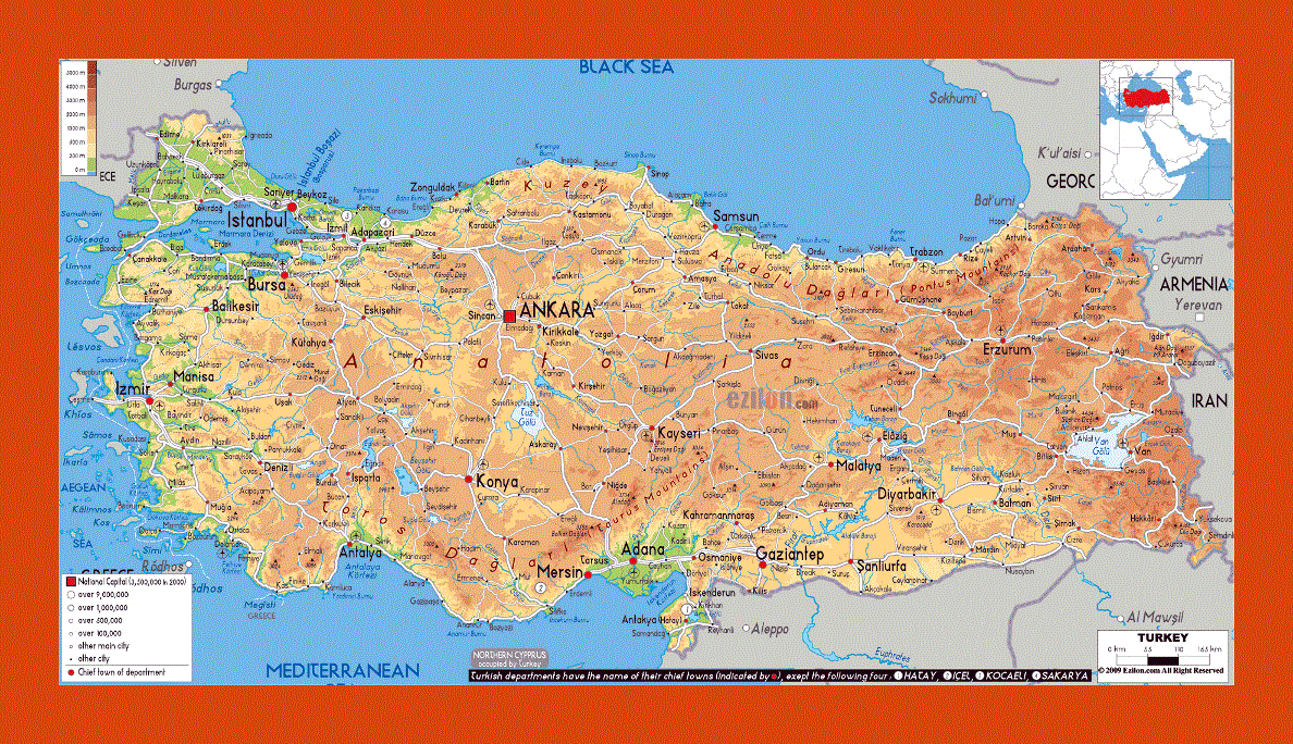 Physical map of Turkey