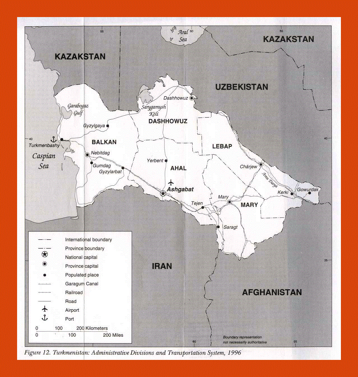 Administrative divisions and transportation system map of Turkmenistan - 1996