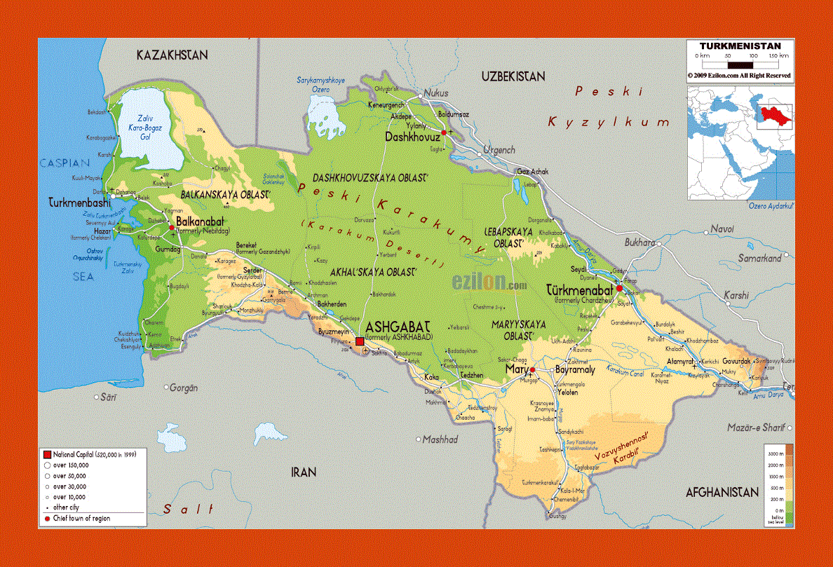 Physical map of Turkmenistan
