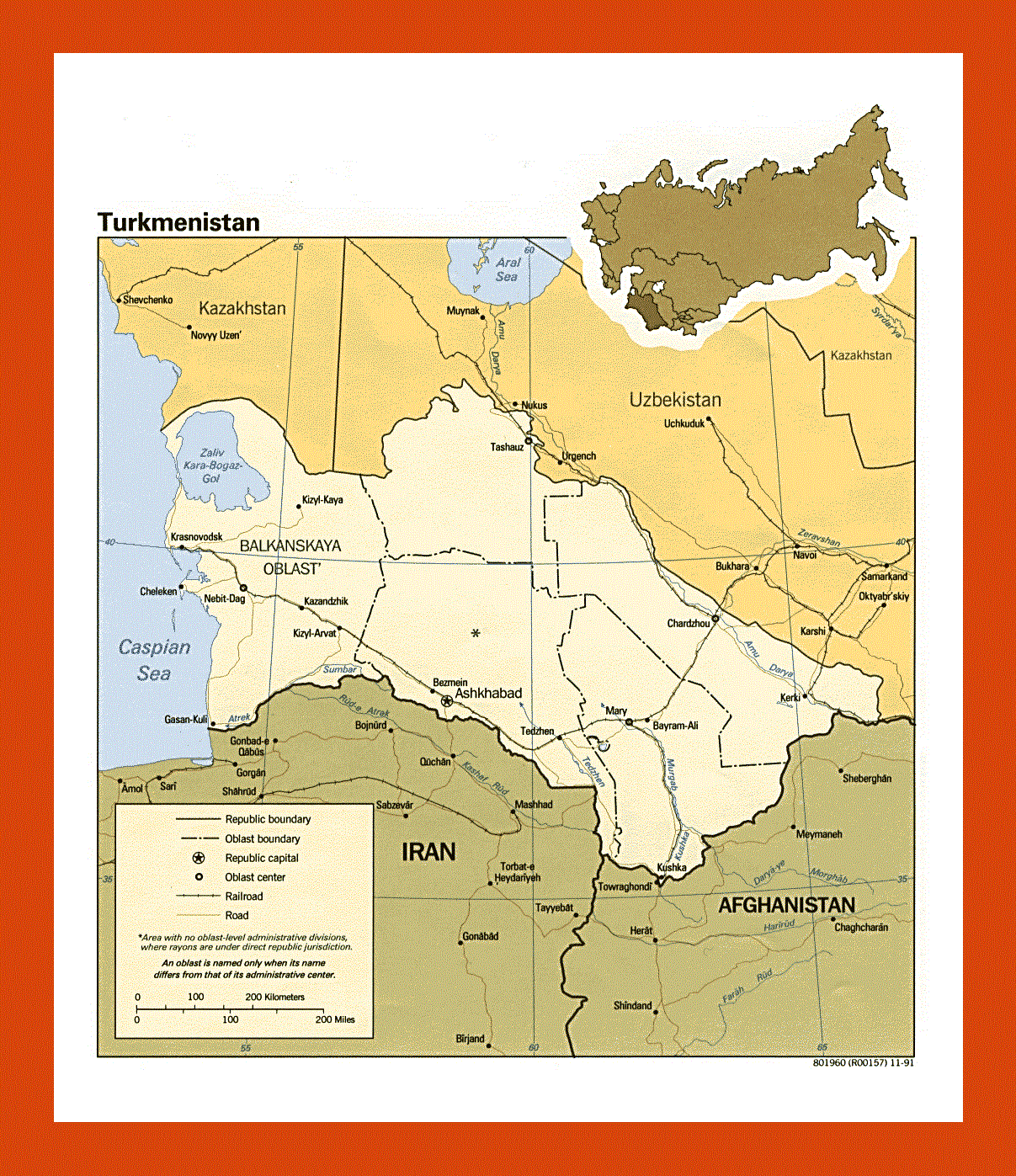 Political and administrative map of Turkmenistan- 1991