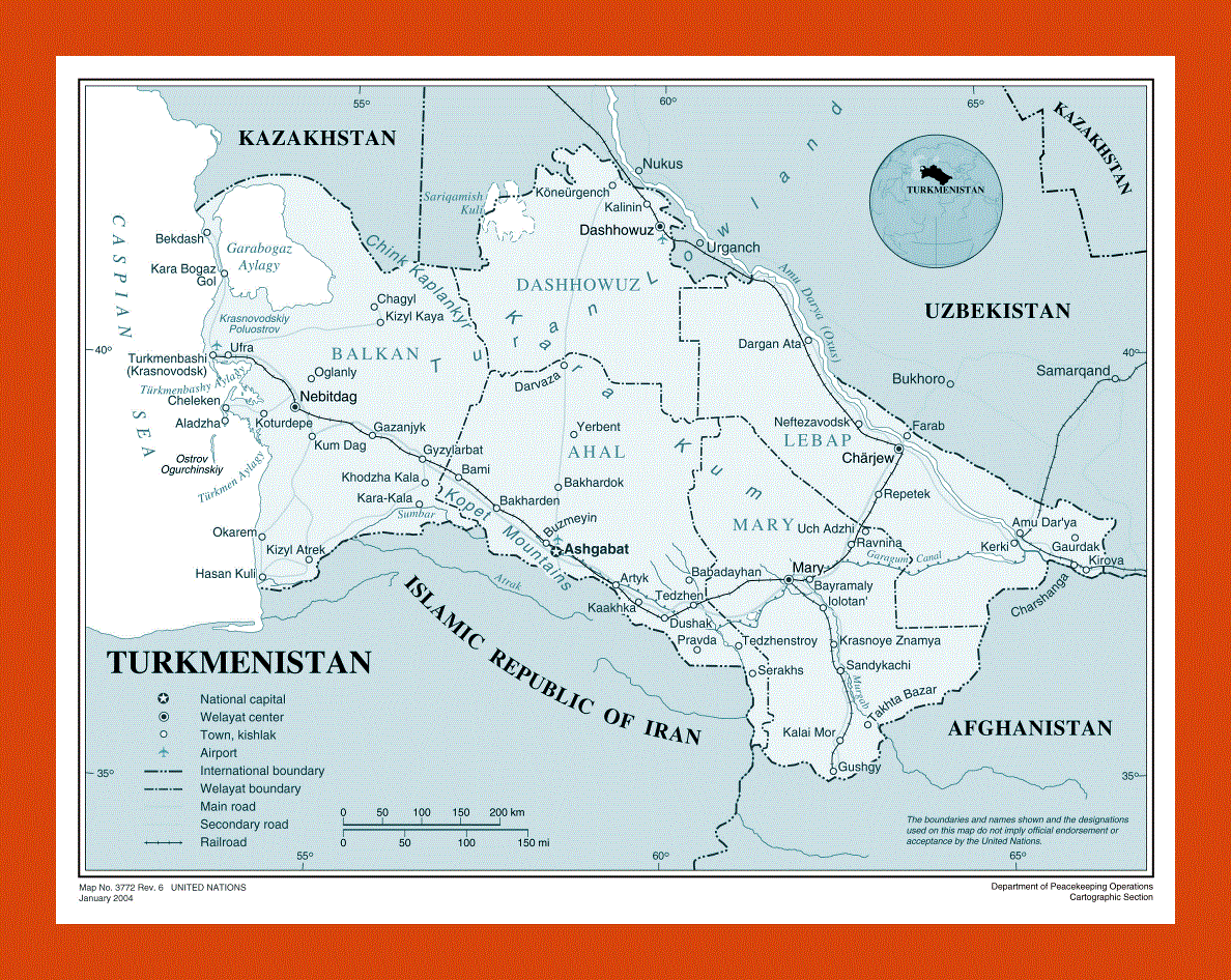 Political and administrative map of Turkmenistan