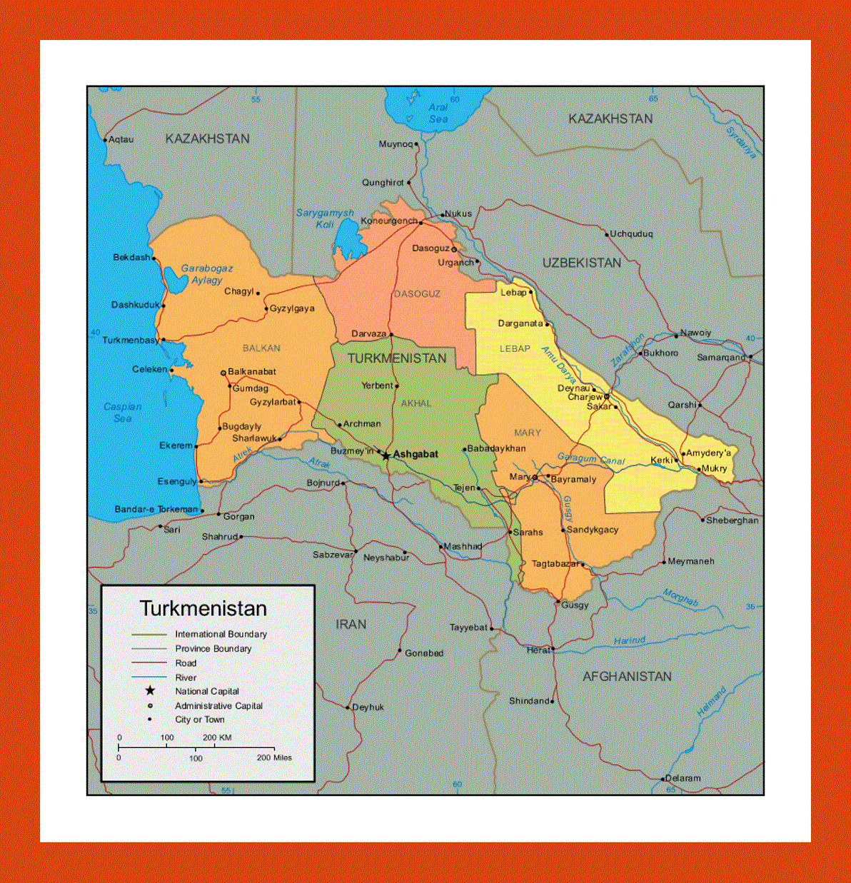 Political and administrative map of Turkmenistan