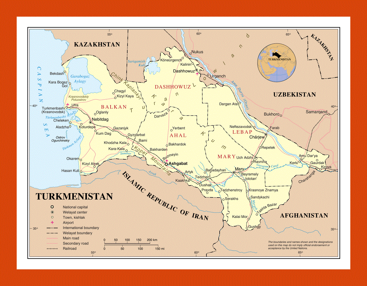 Political and administrative map of Turkmenistan