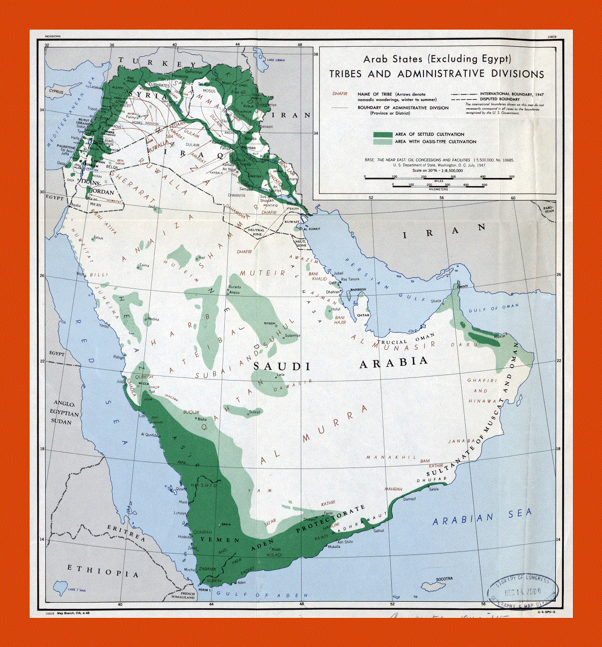 Arab States (Excluding Egypt) tribes and administrative divisions map - 1947