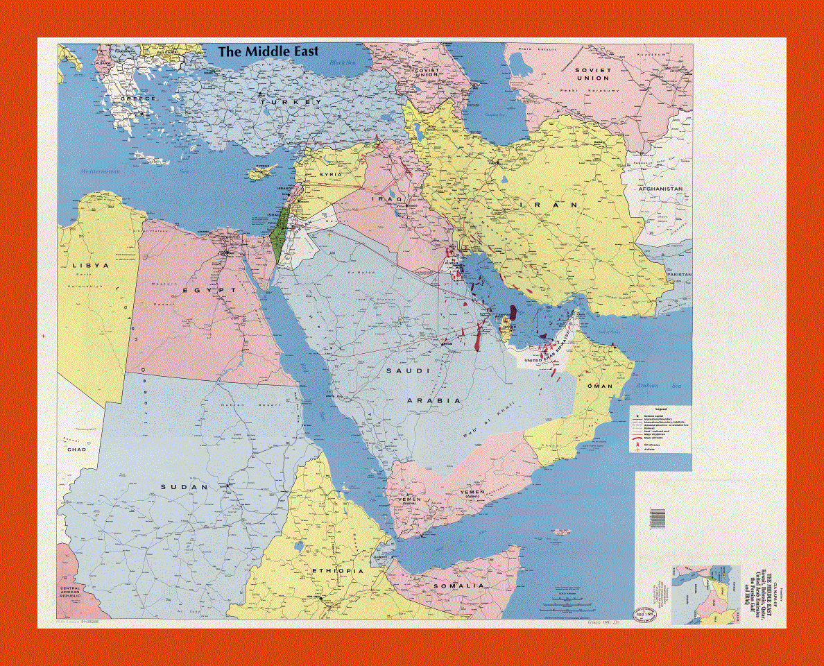 Map of the Middle East, Kuwait, Bahrain, Qatar, United Arab Emirates, the Persian Gulf and Iraq - 1991