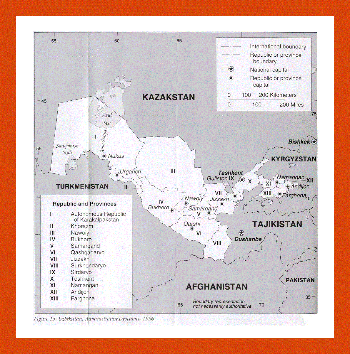 Administrative divisions map of Uzbekistan - 1996