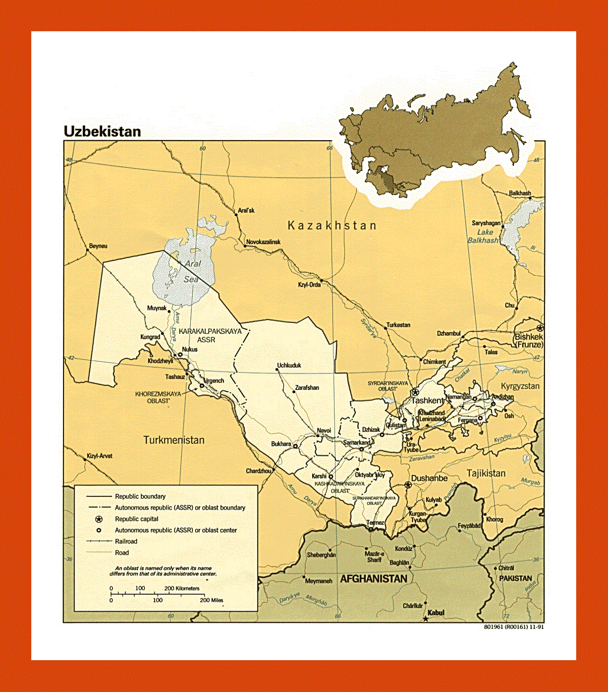 Political and administrative map of Uzbekistan - 1991