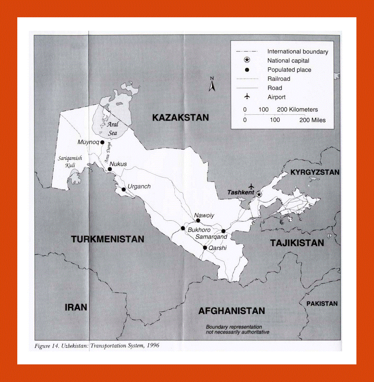 Transportation system map of Uzbekistan - 1996