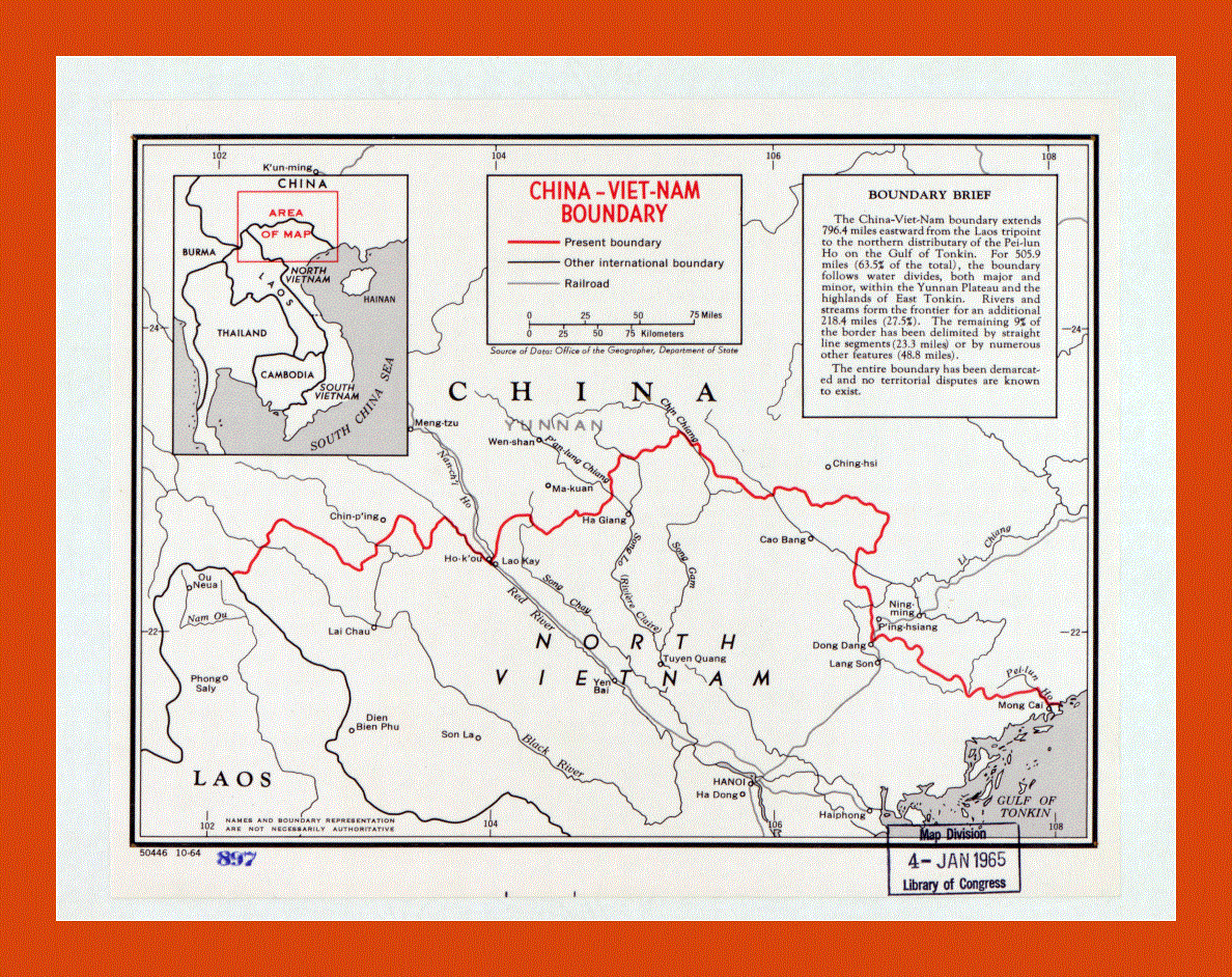 China - North Vietnam border area map - 1964