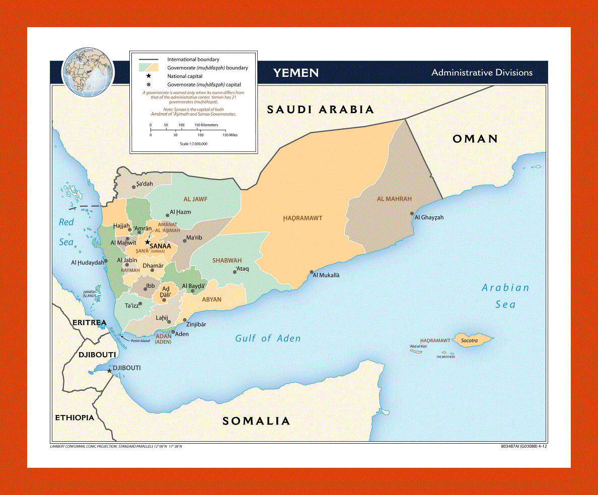 Administrative divisions map of Yemen - 2012
