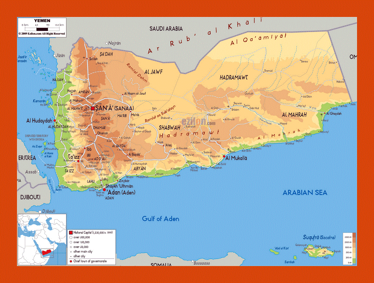 Physical map of Yemen