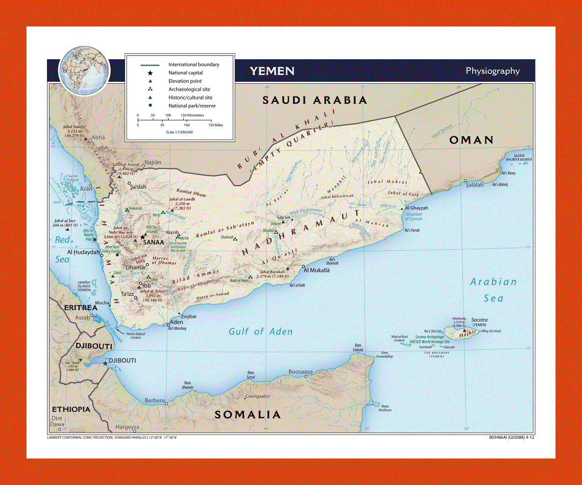 Physiography map of Yemen - 2012