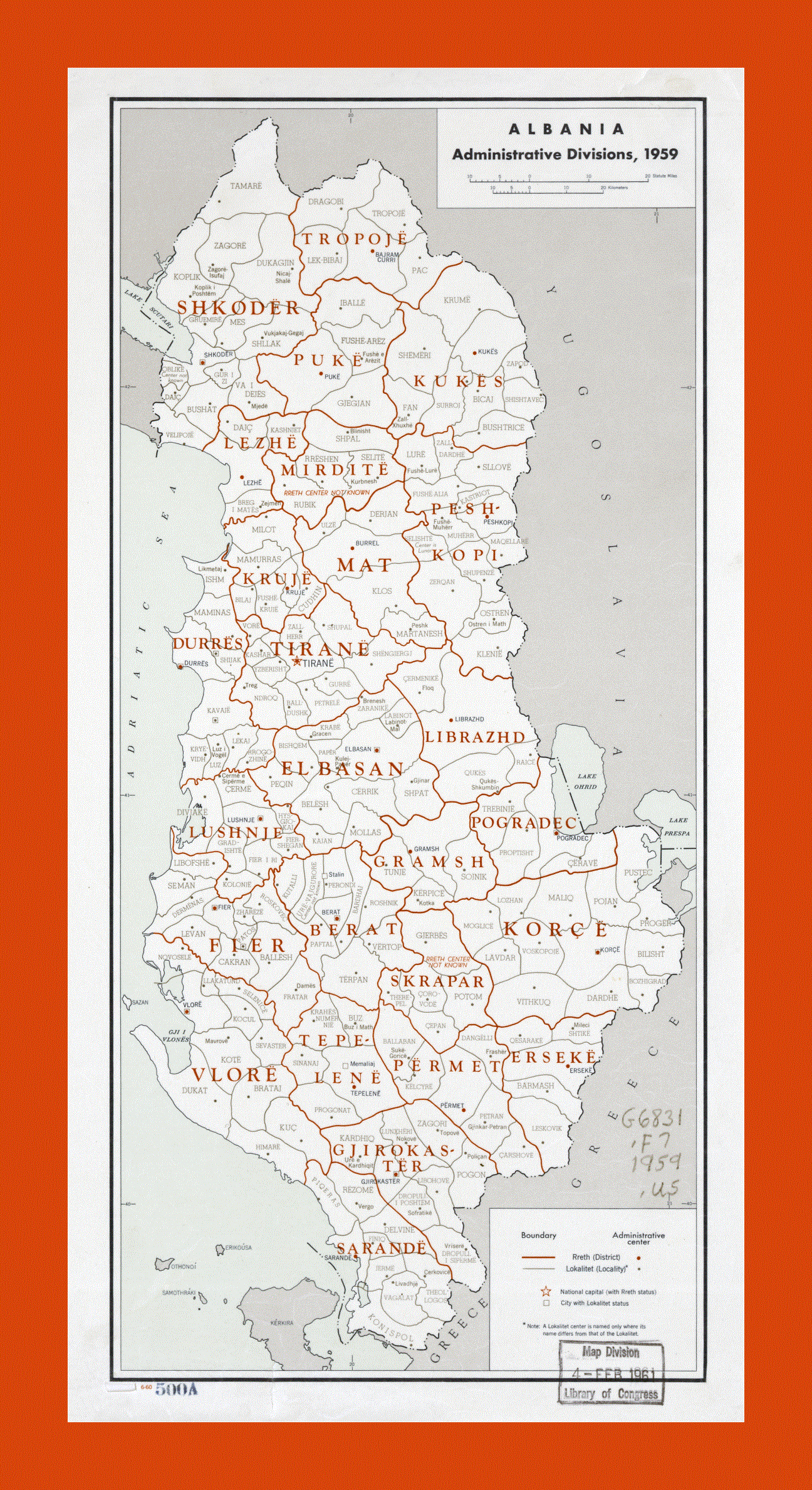 Administrative divisions map of Albania - 1959