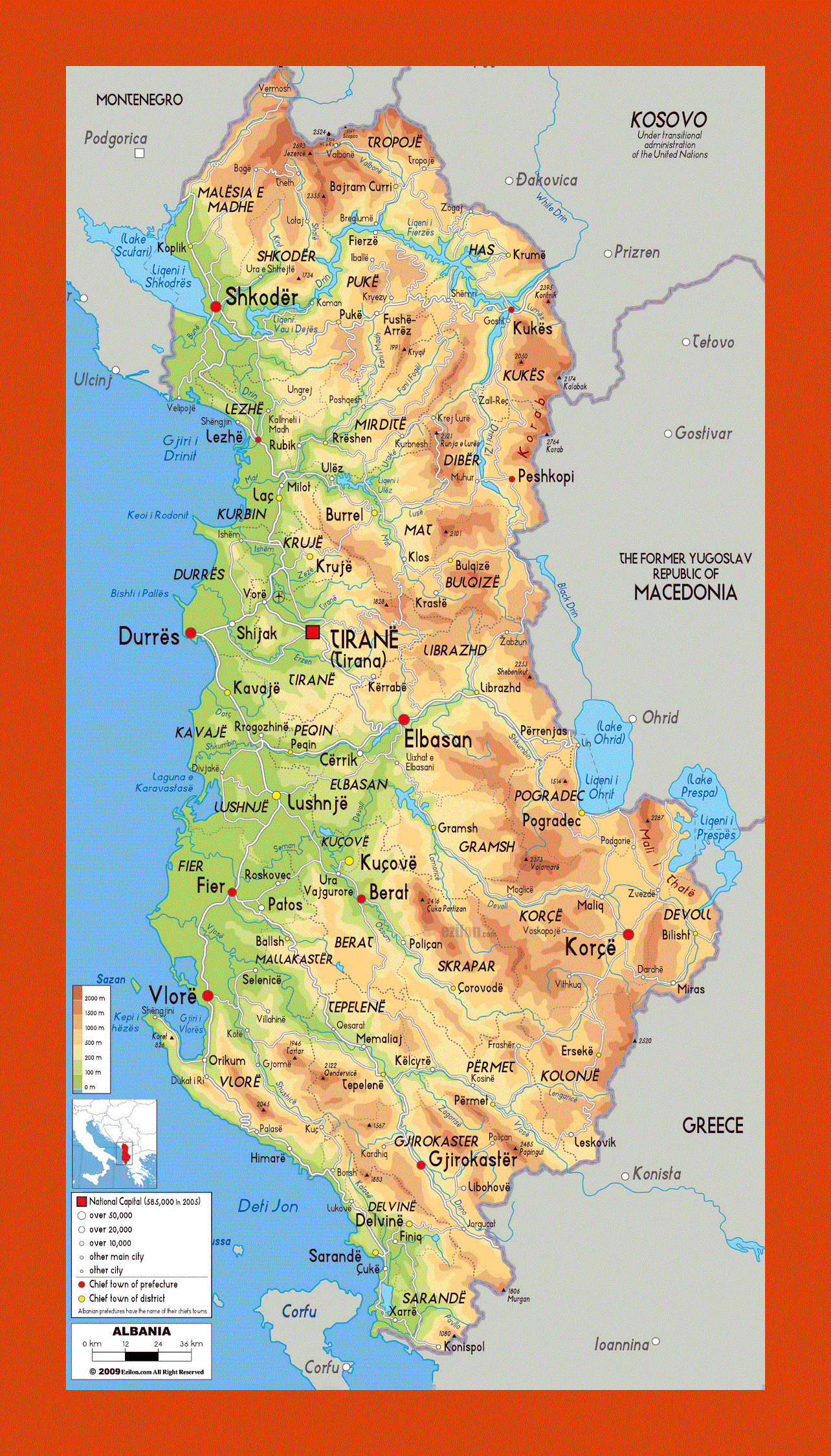 Physical map of Albania