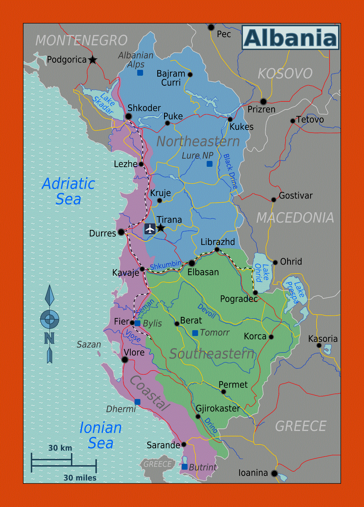 Regions map of Albania