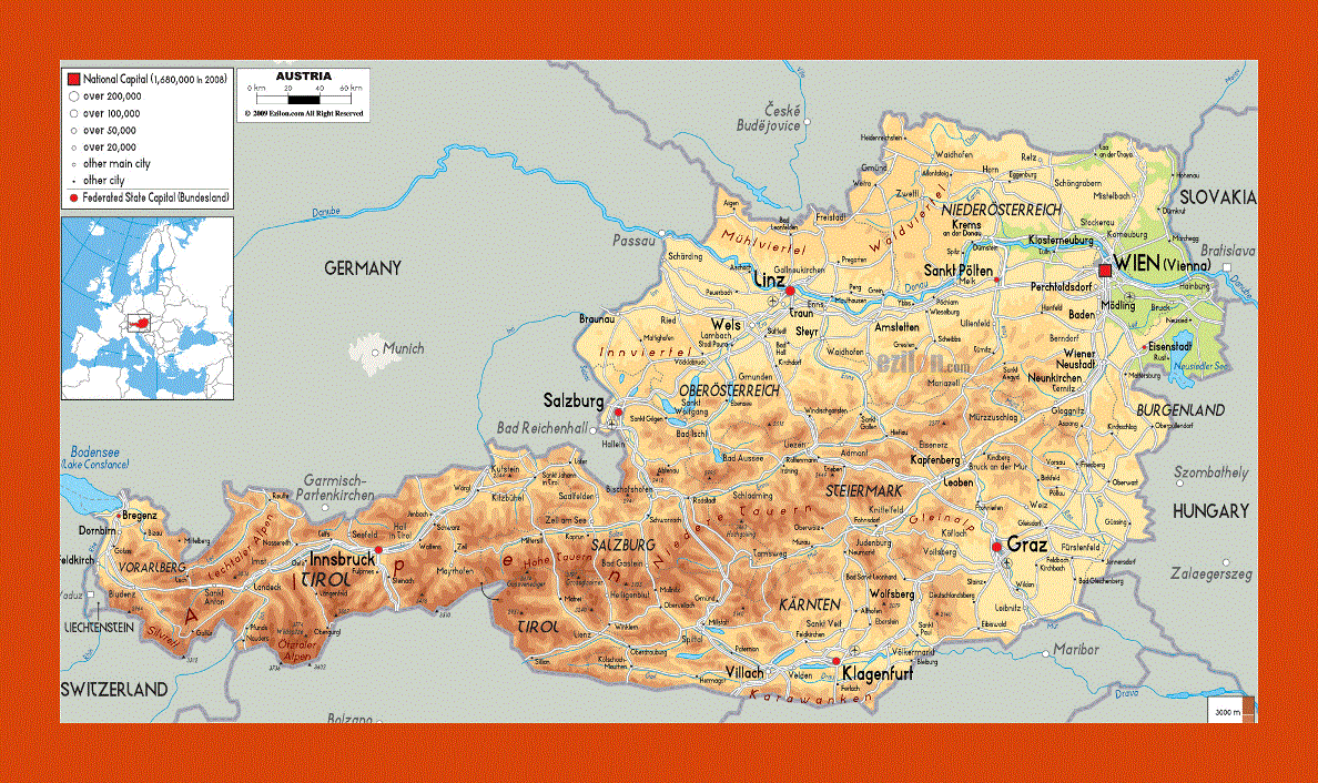 Physical map of Austria