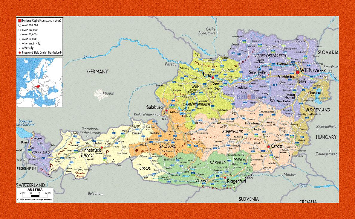 Political and administrative map of Austria