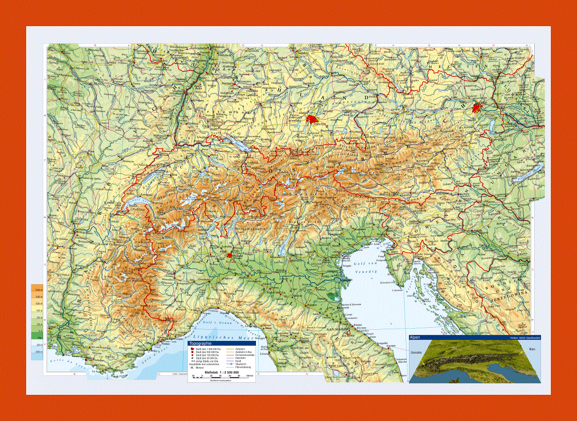 Topographical map of Austria and neighboring countries